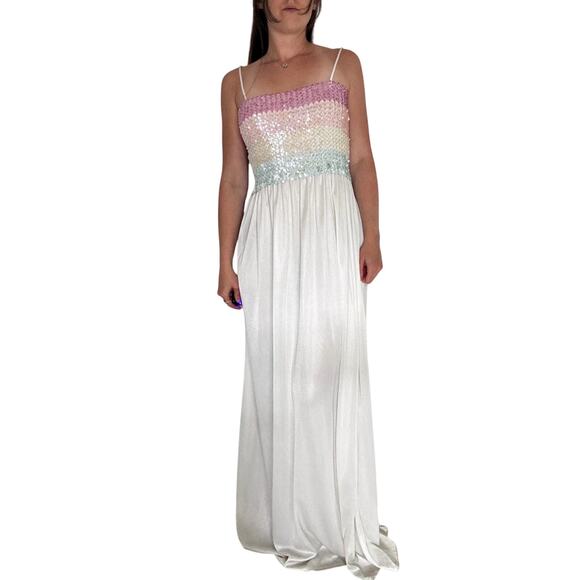 Vintage Y2K Pastel Sequins & Polyester White Dress Full Length Gown Elastic - Picture 2 of 13